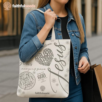 Tote Bag Jesus, Faith Over Fear” 15.7"x13.7" – Christian Scripture & Floral Design – Reusable Shoulder Tote for Bible, Books, Everyday Carry