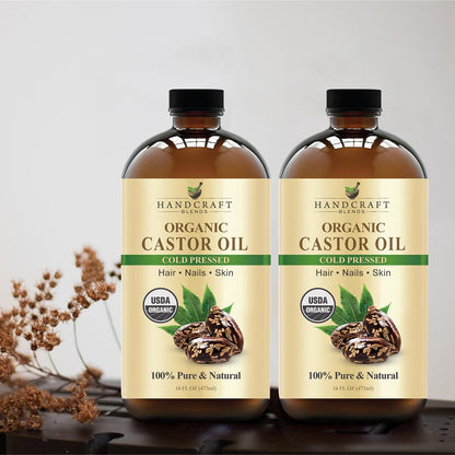 Handcraft Blends Cold-Pressed Organic Castor Oil in Glass Bottle - 16 Fl Oz - 100% Pure and Natural - Premium Grade Carrier Oil for Hair Growth, Eyelashes and Eyebrows - Hair and Body