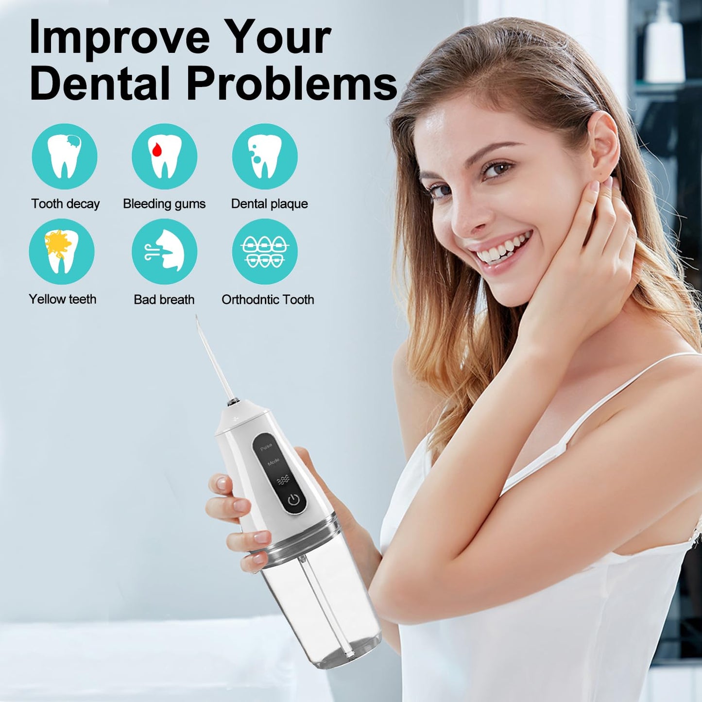 Portable Water Dental Flosser with 4 Jet Tip, 3 Mode Cordless Rechargeable Teeth Cleaner, Powerful Waterproof Dental Floss for Home Travel