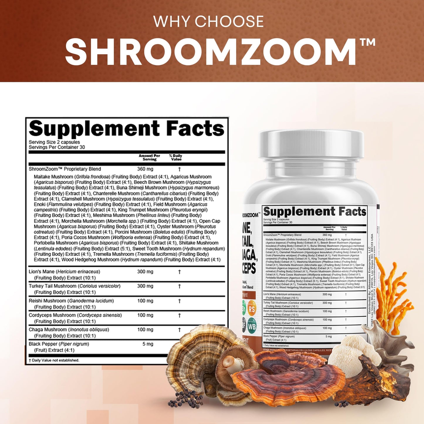 Clean Nutraceuticals Lions Mane 20in1 Mushroom Supplement with Turkey Tail Reishi Cordyceps Chaga Maitake Meshima Poria Cocos Shiitake Oyster Porcini Enoki - 1 Pack