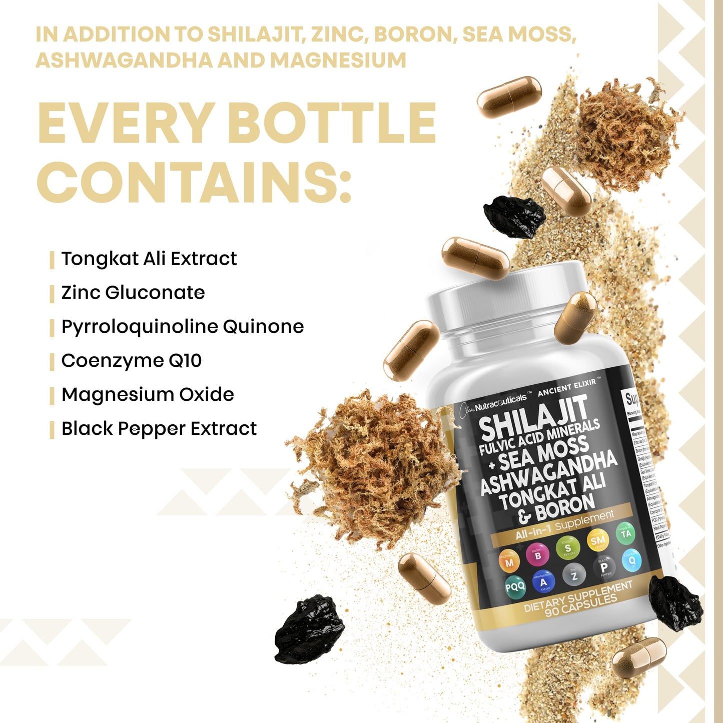 Shilajit Supplement for Men with Sea Moss, Tongkat Ali, Ashwagandha, Boron, Zinc, CoQ10, PQQ - Fulvic Acid Capsules - Energy Support - 90 Count - Resin, Gummy & Powder Alternative