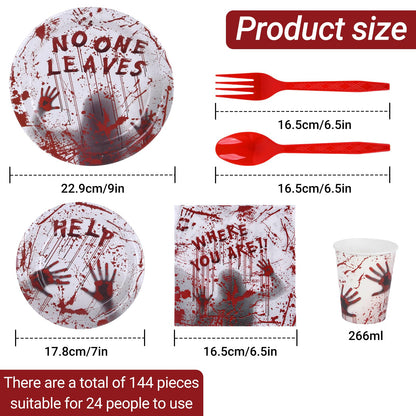 Halloween Party Supplies - Plates, Napkins, Spoons, and Forks for 24 Guests Disposable Scary Tableware Set (bloody handprints1)