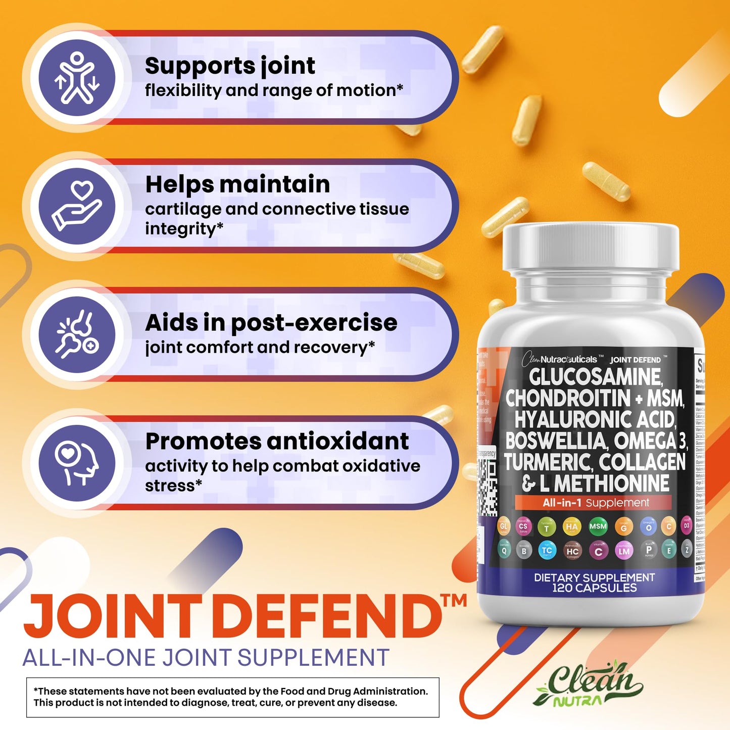 Clean Nutraceuticals Glucosamine Chondroitin MSM 1500mg with Turmeric Curcumin, Collagen, Hyaluronic Acid, Omega 3 – Joint Health Supplement for Men & Women – Joint Complex – 120 Count