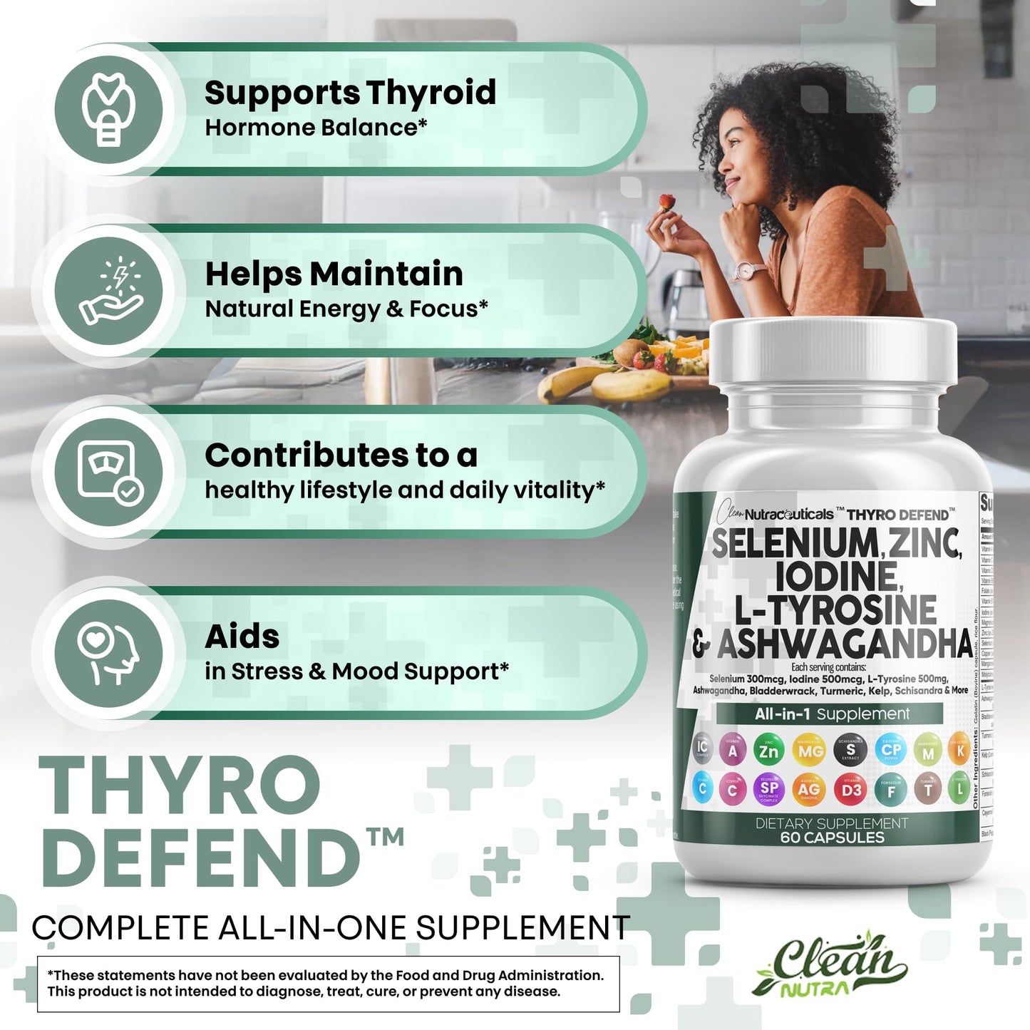 Selenium 300mcg Iodine 500mcg Thyroid Support for Women & Men | L Tyrosine 500mg Ashwagandha Supplement Bladderwrack, Turmeric, Kelp, Schisandra Zinc Pills Capsule Supplements