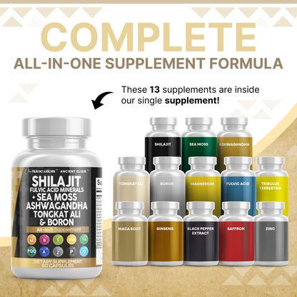 Shilajit Supplement for Men with Sea Moss, Tongkat Ali, Ashwagandha, Boron, Zinc, CoQ10, PQQ - Fulvic Acid Capsules - Energy Support - 90 Count - Resin, Gummy & Powder Alternative