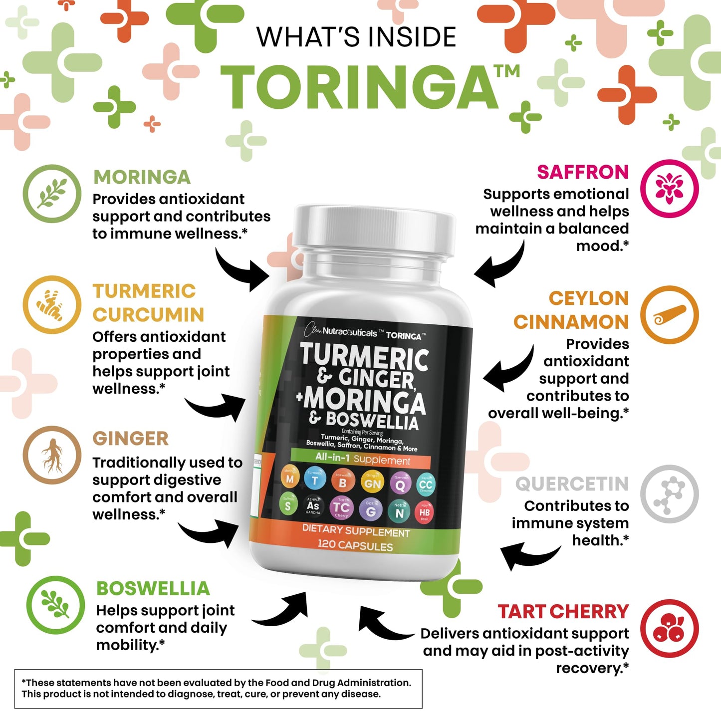 Turmeric Moringa Supplement | Ginger Boswellia Saffron - Supplement for Women and Men with Ceylon Cinnamon, Tart Cherry, Quercetin Garlic Nettle Holy Basil - 1Pack