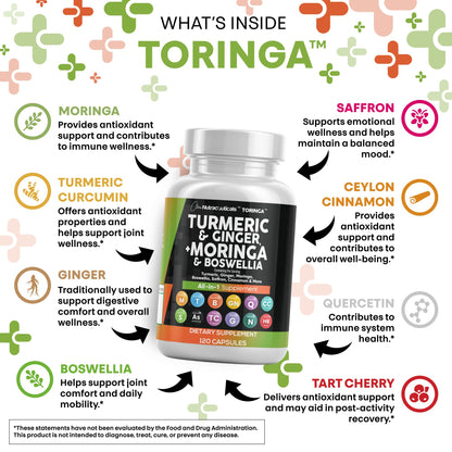 Turmeric Moringa Supplement | Ginger Boswellia Saffron - Supplement for Women and Men with Ceylon Cinnamon, Tart Cherry, Quercetin Garlic Nettle Holy Basil - 1Pack