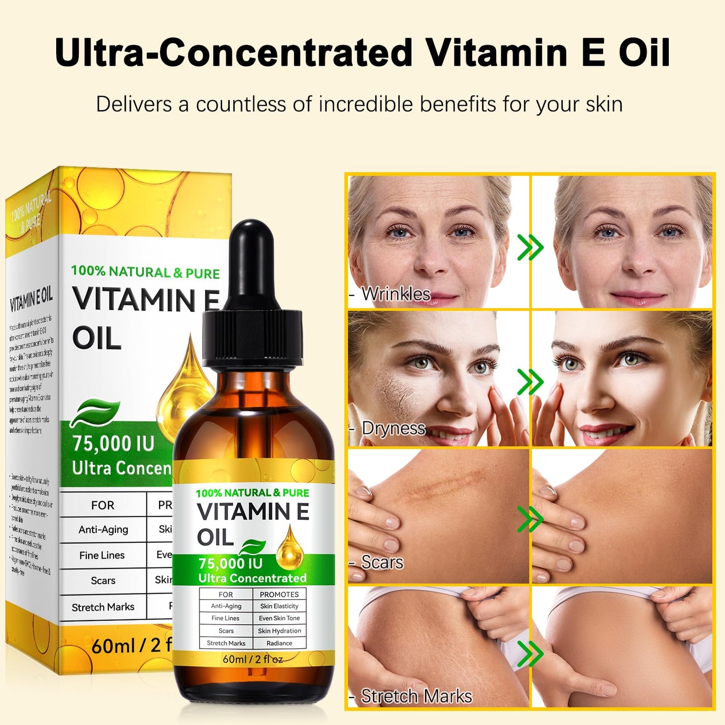 Natural Vitamin E Oil for Skin, 75,000 IU Ultra Concentrated Vitamin E Oil for Face, Hair and Scars, Moisturizing Dry Skin Oils, Promotes Skin Elasticity