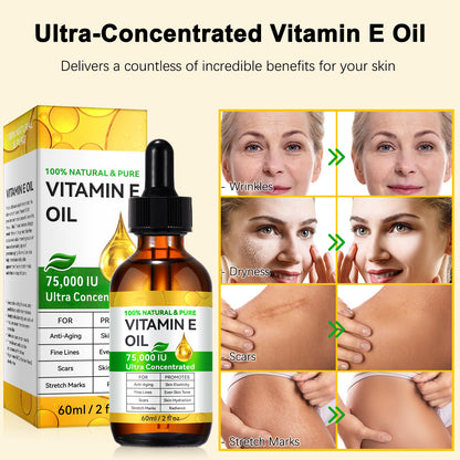 Natural Vitamin E Oil for Skin, 75,000 IU Ultra Concentrated Vitamin E Oil for Face, Hair and Scars, Moisturizing Dry Skin Oils, Promotes Skin Elasticity