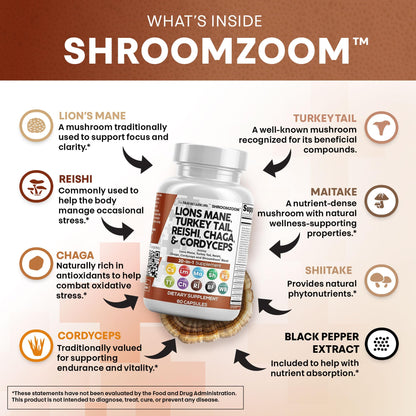 Clean Nutraceuticals Lions Mane 20in1 Mushroom Supplement with Turkey Tail Reishi Cordyceps Chaga Maitake Meshima Poria Cocos Shiitake Oyster Porcini Enoki - 1 Pack