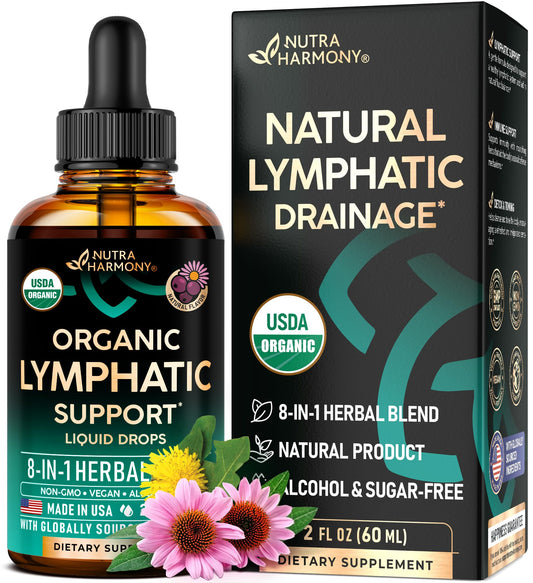 USDA Organic Lymphatic Drainage Supplement - Echinacea | Elderberry | Dandelion | Rosehip | Cleavers | Calendula | Burdock - Made in USA - Lymph System Drops - Immune Support, Cleanse & Detox, 2 fl oz