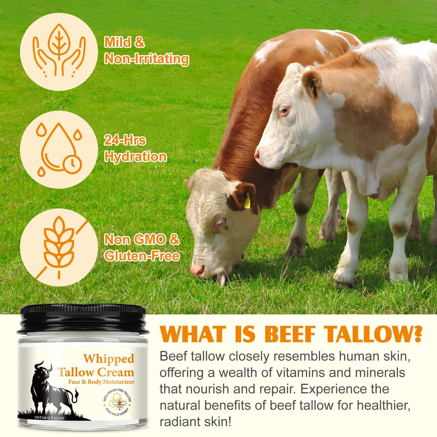 Beef Tallow and Honey Cream for Skin, Moisturizer Creams, Whipped Tallow Cream for Smooth Nourishing Face & Body, Natural Beef Tallow Balm for Skin Care, Beef Tallow, Butter and Honey Balm