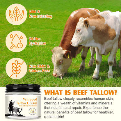 Beef Tallow and Honey Cream for Skin, Moisturizer Creams, Whipped Tallow Cream for Smooth Nourishing Face & Body, Natural Beef Tallow Balm for Skin Care, Beef Tallow, Butter and Honey Balm
