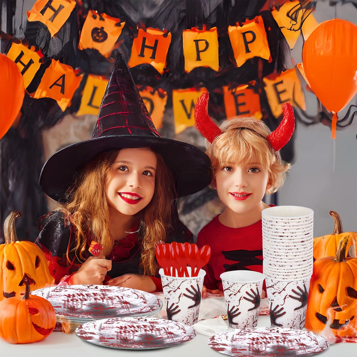 Halloween Party Supplies - Plates, Napkins, Spoons, and Forks for 24 Guests Disposable Scary Tableware Set (bloody handprints1)