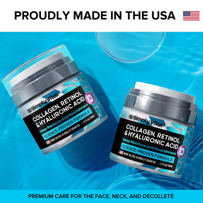 Collagen, Retinol & Hyaluronic Acid Cream - Anti-Aging Face Moisturizer for Face, Firming Skin Care Neck & Décolleté - Made in USA, Daily Moisturizer Face Cream Day & Night - 1.7 fl.oz.