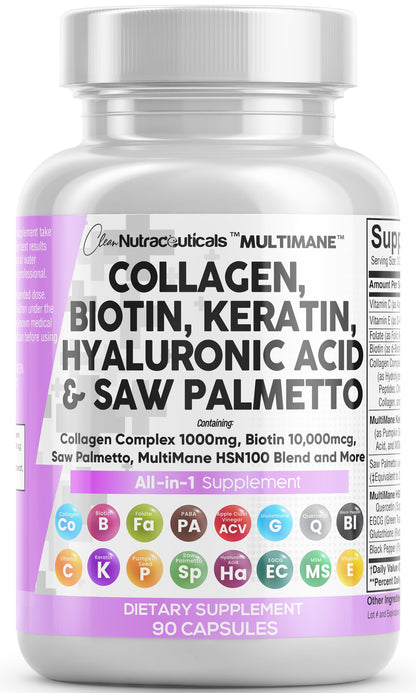 Collagen Pills 1000mg Biotin 10000mcg Keratin Saw Palmetto Hyaluronic Acid - Hair Skin & Nails Vitamins & DHT Blocker with Vitamin E Folic Acid Pumpkin Seed MSM - 90 Count