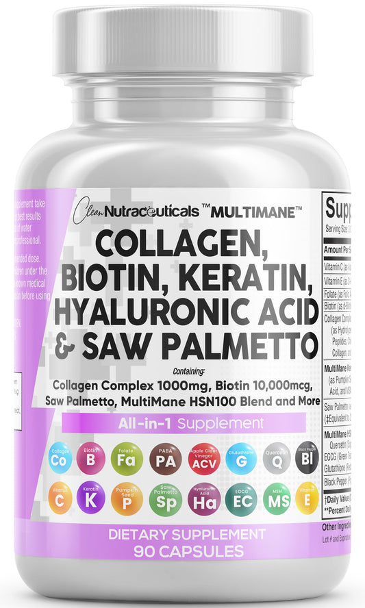 Collagen Pills 1000mg Biotin 10000mcg Keratin Saw Palmetto Hyaluronic Acid - Hair Skin & Nails Vitamins & DHT Blocker with Vitamin E Folic Acid Pumpkin Seed MSM - 90 Count