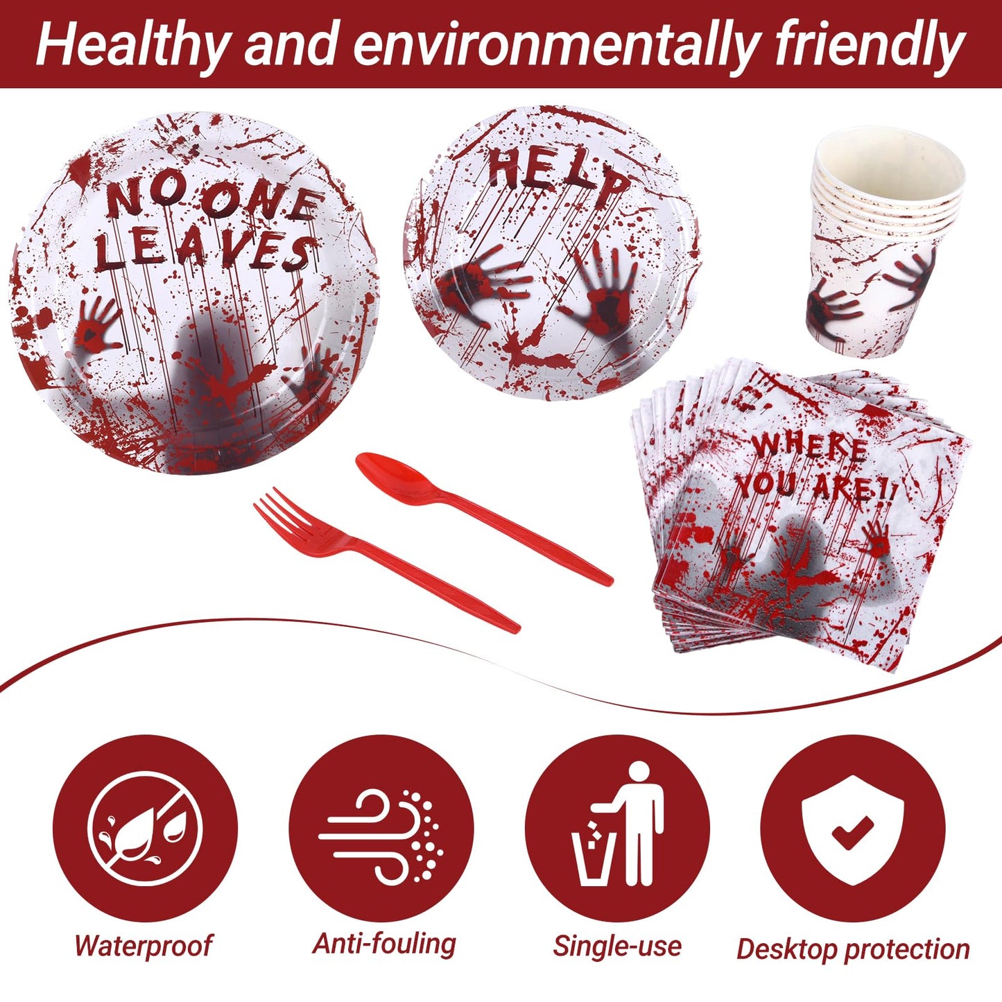 Halloween Party Supplies - Plates, Napkins, Spoons, and Forks for 24 Guests Disposable Scary Tableware Set (bloody handprints1)