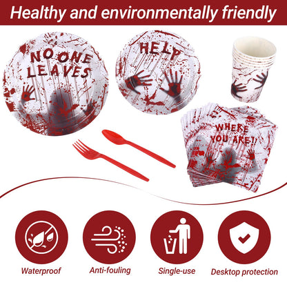 Halloween Party Supplies - Plates, Napkins, Spoons, and Forks for 24 Guests Disposable Scary Tableware Set (bloody handprints1)