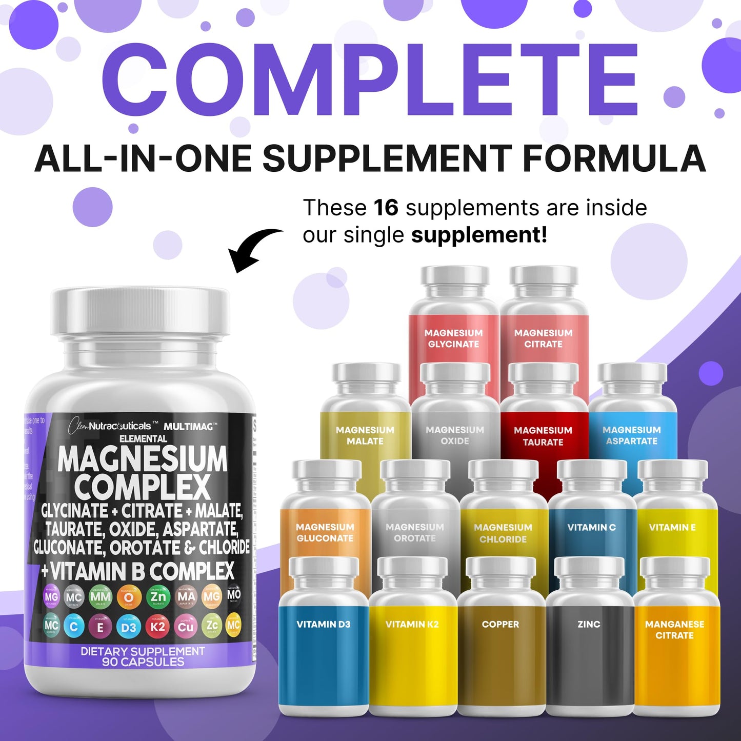 Clean Nutraceuticals Magnesium Complex with Magnesium Glycinate Citrate Malate Oxide Taurate Aspartate Orotate & Mag Chloride, Zinc Copper Manganese & Vitamin C B1 B2 B6 B12 Complex - 1Pack