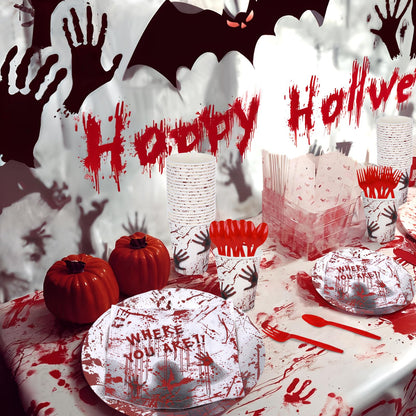 Halloween Party Supplies - Plates, Napkins, Spoons, and Forks for 24 Guests Disposable Scary Tableware Set (bloody handprints1)