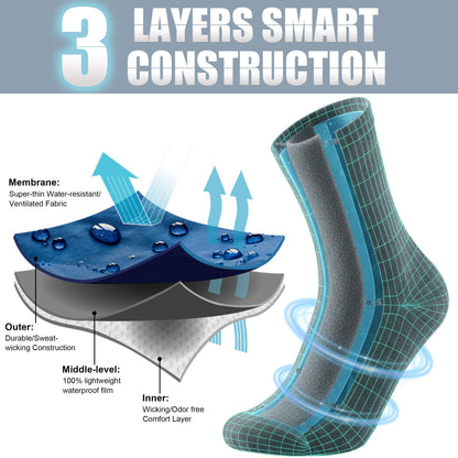 Wool Waterproof Socks, Cushioned & Moisture Wicking Waterproof Hiking Socks Unisex Breathable Wool Dry Quickly Socks for Womens Mens Hiking Running, 1 Pair, Large, Grey and Blue