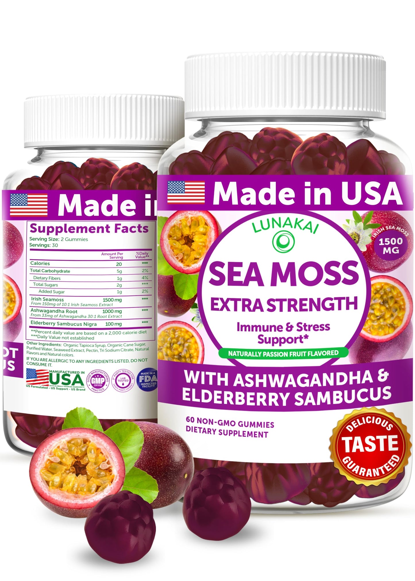 Sea Moss Gummies with Ashwagandha & Elderberry – Delicious Immune & Stress Support Supplement for Men & Women, 60ct
