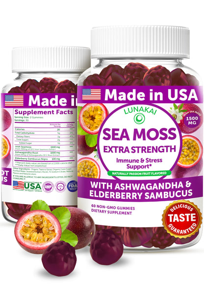 Sea Moss Gummies with Ashwagandha & Elderberry – Delicious Immune & Stress Support Supplement for Men & Women, 60ct