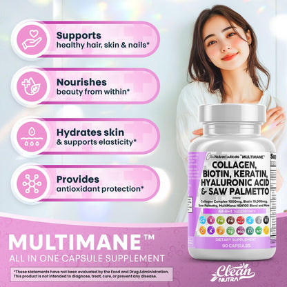 Collagen Pills 1000mg Biotin 10000mcg Keratin Saw Palmetto Hyaluronic Acid - Hair Skin & Nails Vitamins & DHT Blocker with Vitamin E Folic Acid Pumpkin Seed MSM - 90 Count