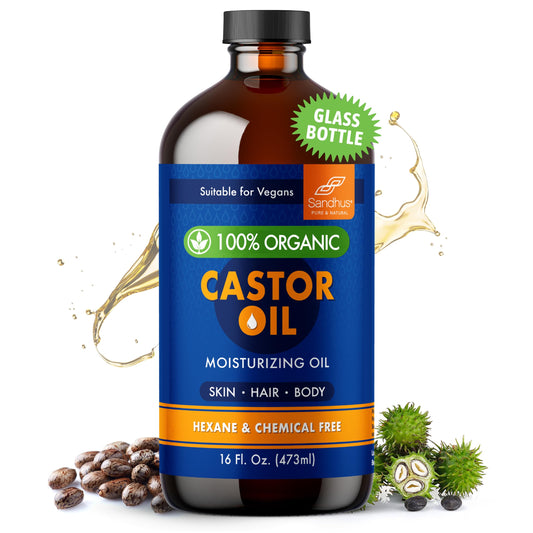 Sandhu's 100% Organic Castor Oil 16 Fl Oz | Premium Glass Bottle Pack | Pure, Unrefined & Hexane free | Natural Moisturizing Oil for All Hair & Skin Types, Face, Eyelashes Growth, Eyebrows & Body Care