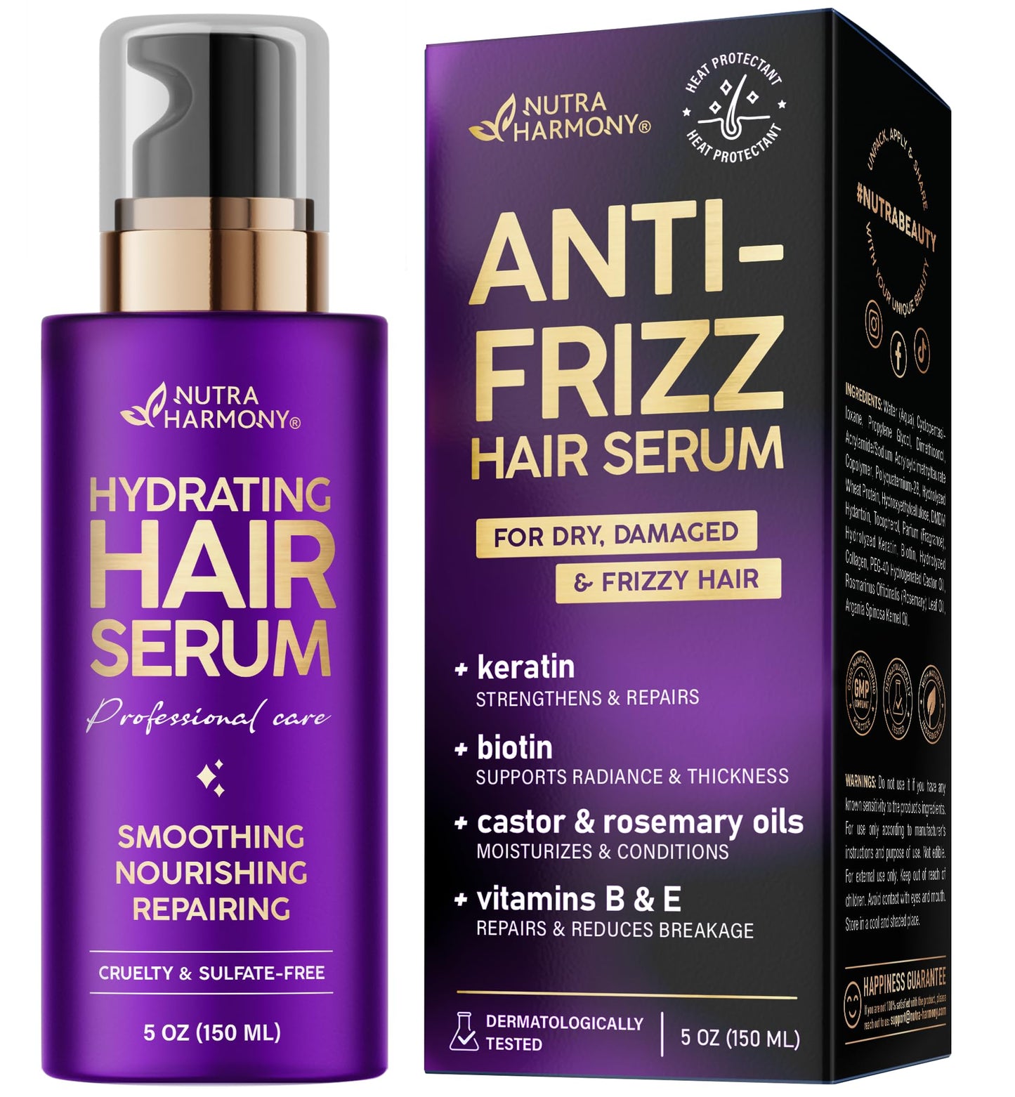 Hydrating Hair Serum – Keratin Hair Treatment for Dry, Frizzy, Damaged Hair – Biotin, Castor & Rosemary Oils – Anti‑Frizz, Heat Protectant & Split Ends Repair for Smooth, Shiny Hair, 5oz