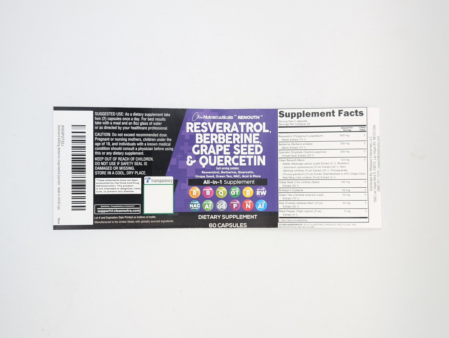 Clean Resveratrol Supplement | Berberine Grape Seed Extract Quercetin Green Tea Extract Acai Noni Polyphenol Supplement for Women & Men Anti Aging N-Acetyl Cysteine NAD Booster