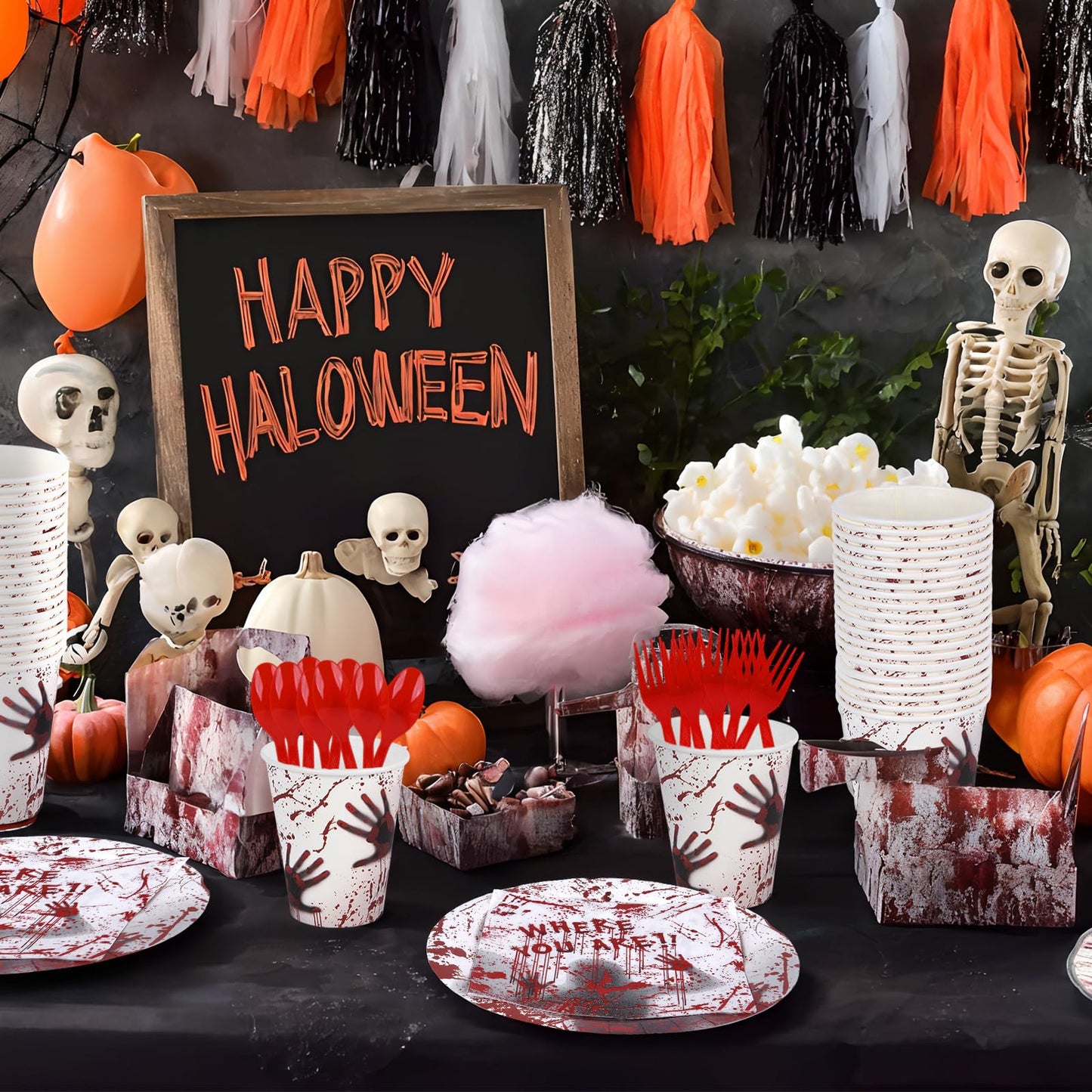Halloween Party Supplies - Plates, Napkins, Spoons, and Forks for 24 Guests Disposable Scary Tableware Set (bloody handprints1)