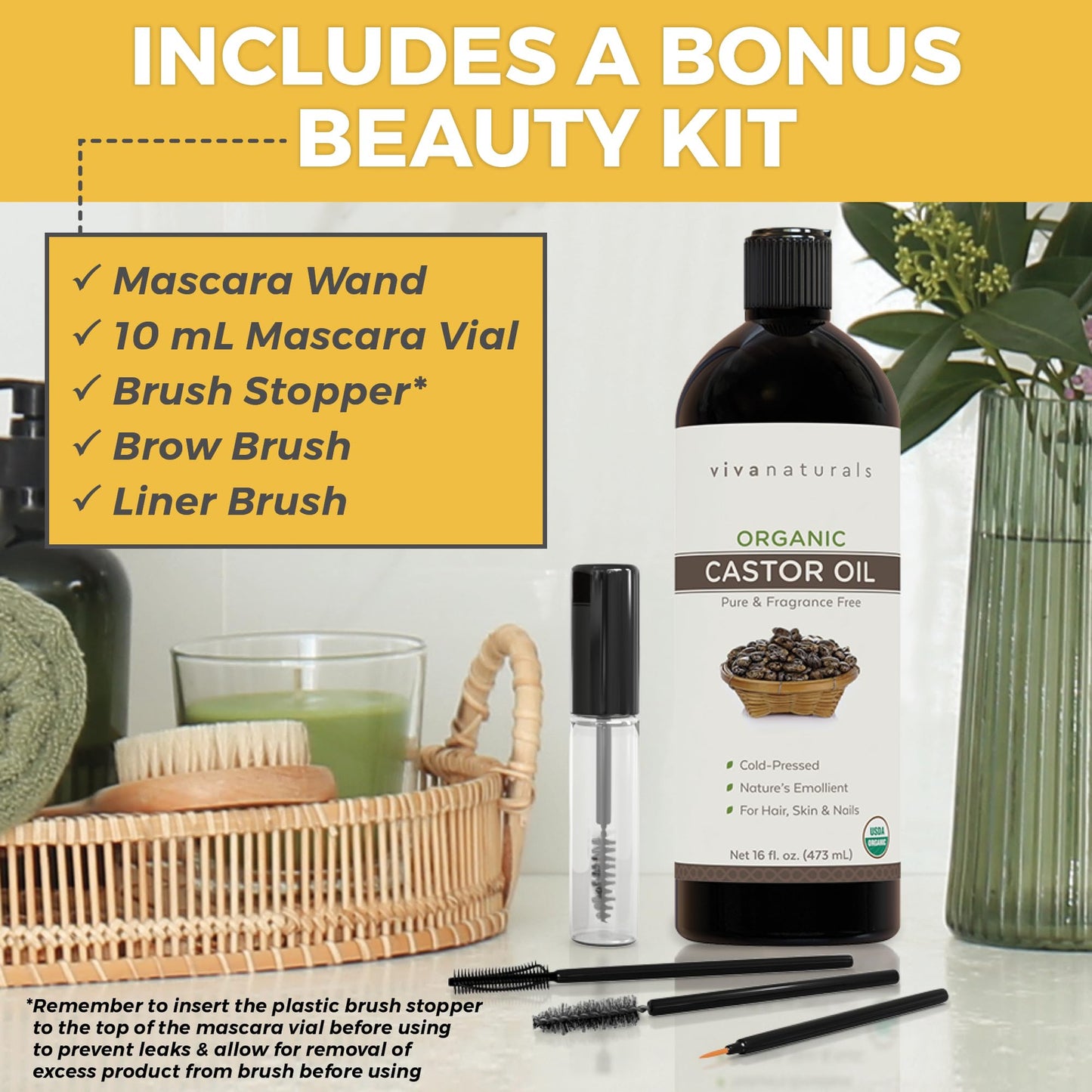 Cold pressed Organic Castor Oil 16 fl oz - Castor Oil for Face, Eyelashes, Traditional Eyebrow Serum, Hair Oil - Certified Organic & Non-GMO