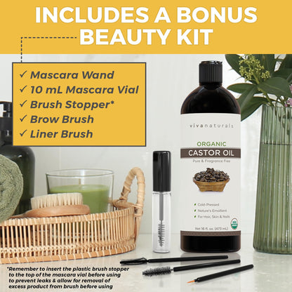 Cold pressed Organic Castor Oil 16 fl oz - Castor Oil for Face, Eyelashes, Traditional Eyebrow Serum, Hair Oil - Certified Organic & Non-GMO