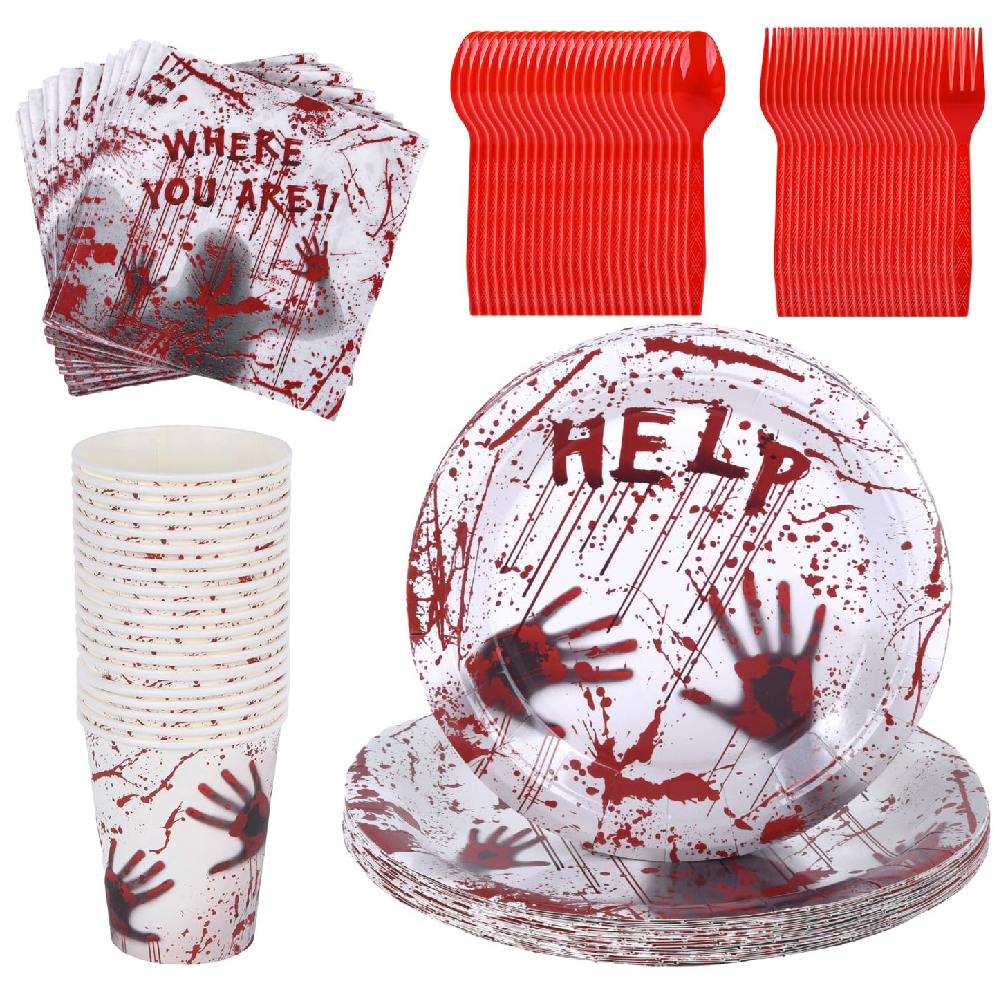 Halloween Party Supplies - Plates, Napkins, Spoons, and Forks for 24 Guests Disposable Scary Tableware Set (bloody handprints1)