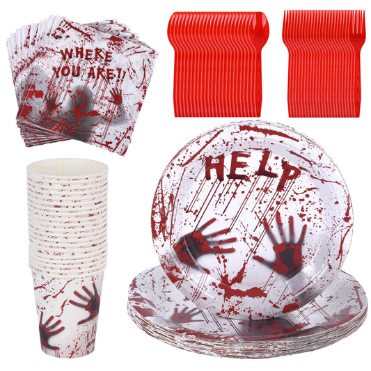 Halloween Party Supplies - Plates, Napkins, Spoons, and Forks for 24 Guests Disposable Scary Tableware Set (bloody handprints1)