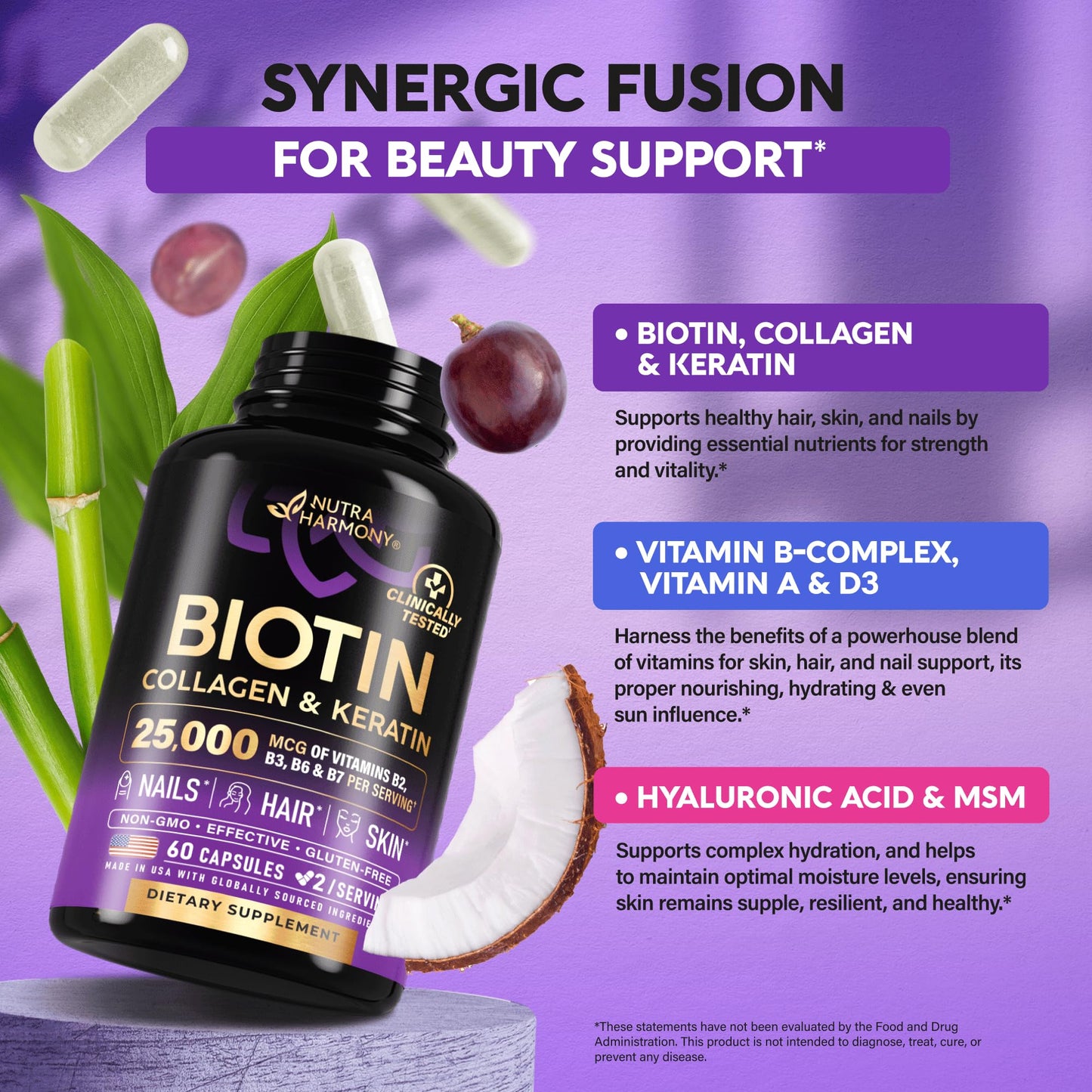 Biotin | Collagen | Hyaluronic Acid | Keratin - Clinically Tested Supplement - Hair Growth Support, Skin & Nails - 25000 mcg Vitamins B2, B3, B6 & B7 + B1 - Made in USA - Women & Men | 60 Capsules