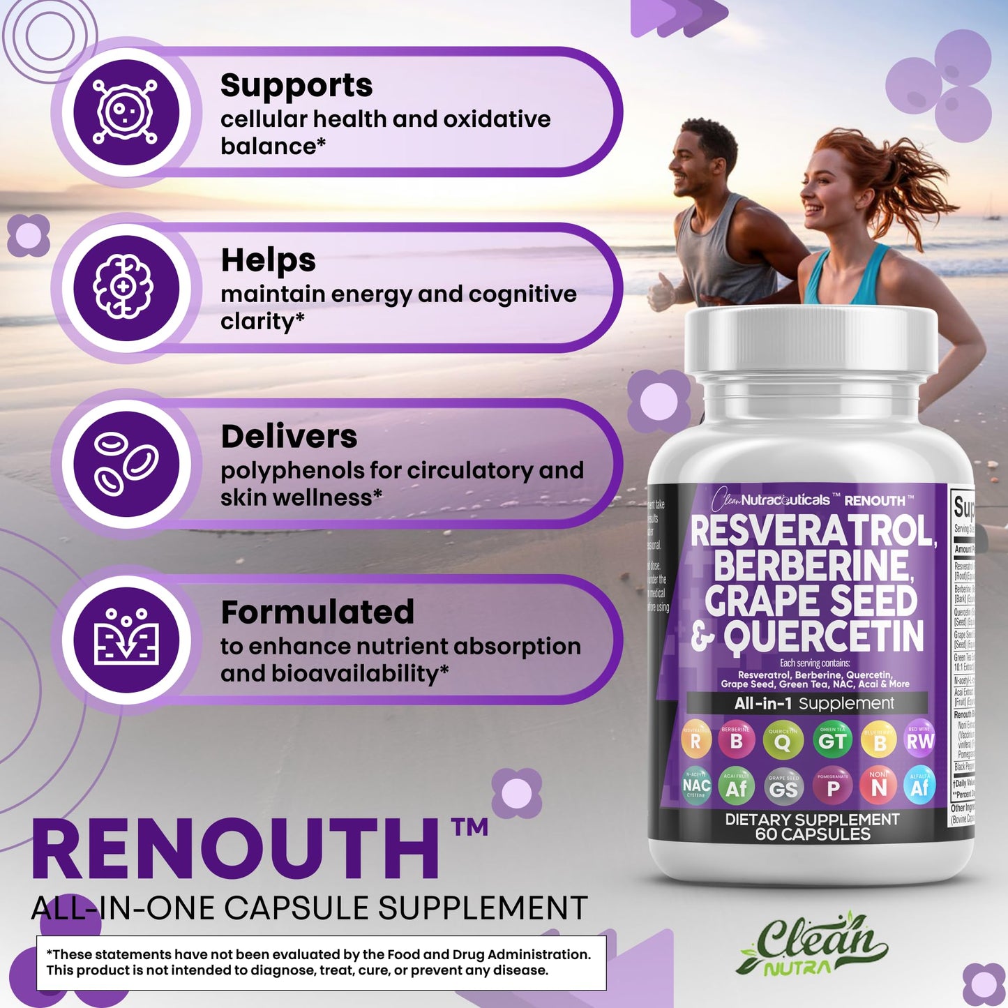 Clean Resveratrol Supplement | Berberine Grape Seed Extract Quercetin Green Tea Extract Acai Noni Polyphenol Supplement for Women & Men Anti Aging N-Acetyl Cysteine NAD Booster