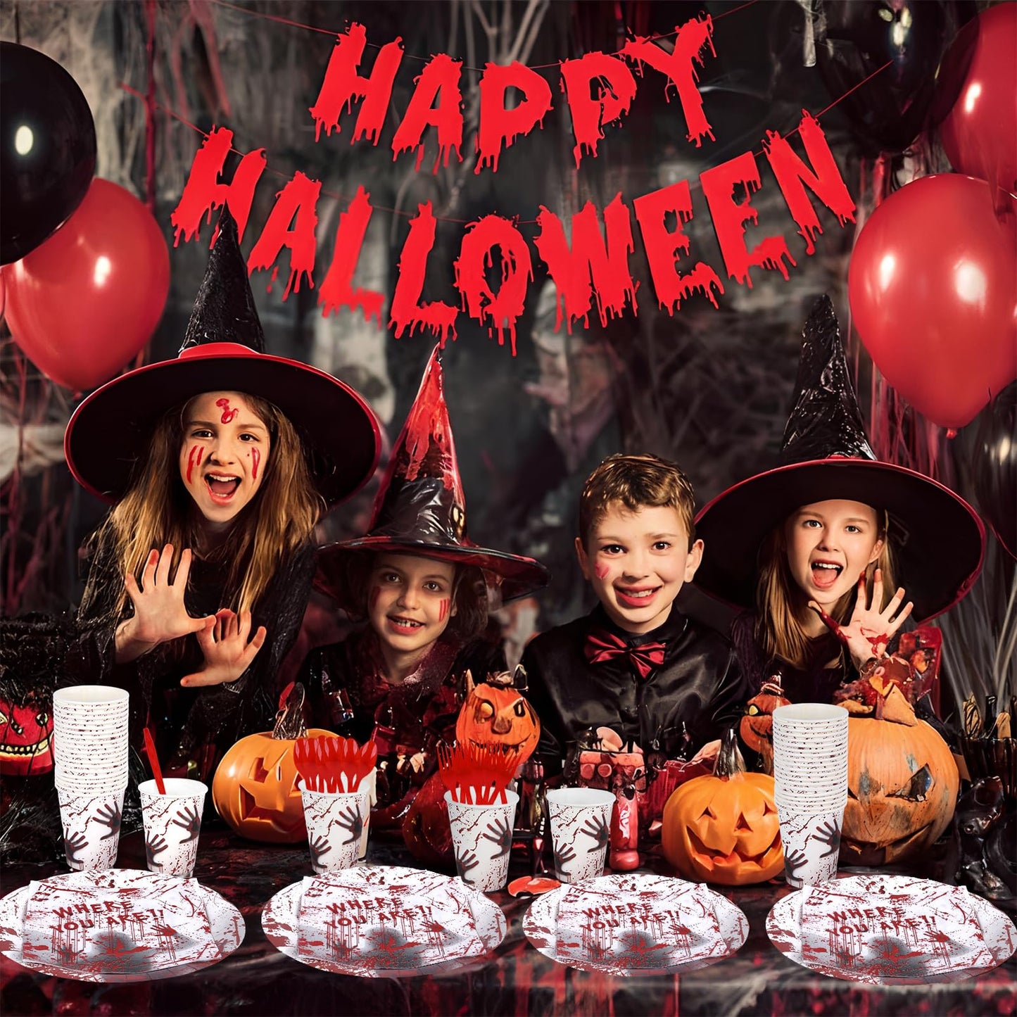 Halloween Party Supplies - Plates, Napkins, Spoons, and Forks for 24 Guests Disposable Scary Tableware Set (bloody handprints1)