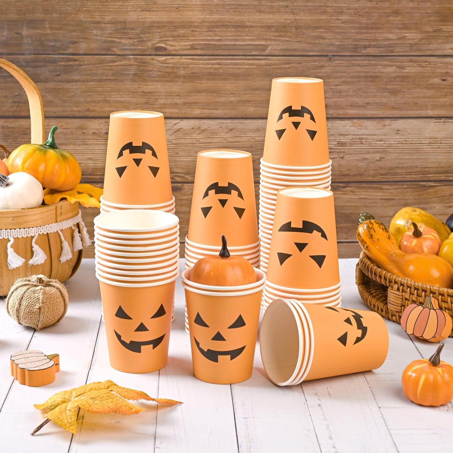 100Pcs Halloween Pumpkin Cups - Disposable Paper Cups, 9oz Orange, Two Styles Jack O Lantern Pumpkin Face, Hot & Cold Beverage Cups for Halloween Party
