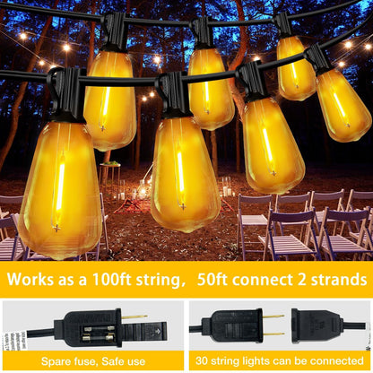 Outdoor String Lights Waterproof LED Edison Outside Lights, 2200K 34 Shatterproof ST38 Bulbs, Hanging Umbrella Lite for Garden Camping Patio Porch Backyard Deck Balcony