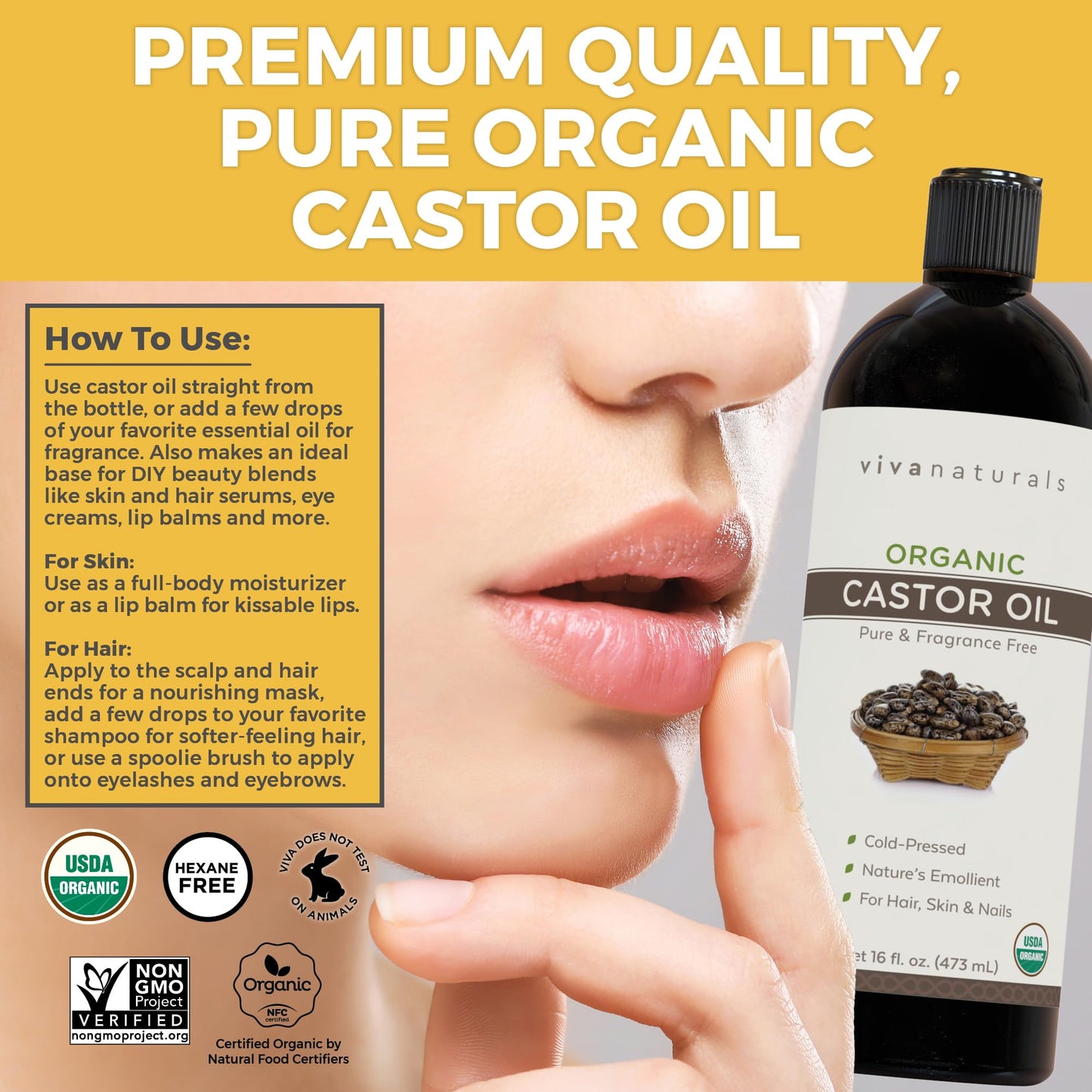 Cold pressed Organic Castor Oil 16 fl oz - Castor Oil for Face, Eyelashes, Traditional Eyebrow Serum, Hair Oil - Certified Organic & Non-GMO