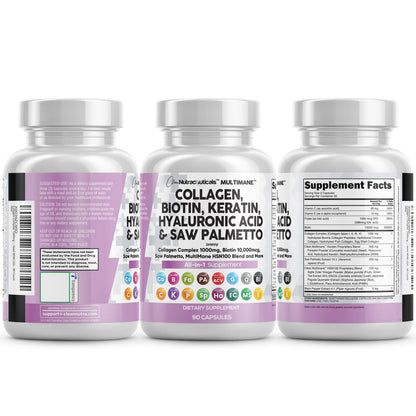 Collagen Pills 1000mg Biotin 10000mcg Keratin Saw Palmetto Hyaluronic Acid - Hair Skin & Nails Vitamins & DHT Blocker with Vitamin E Folic Acid Pumpkin Seed MSM - 90 Count