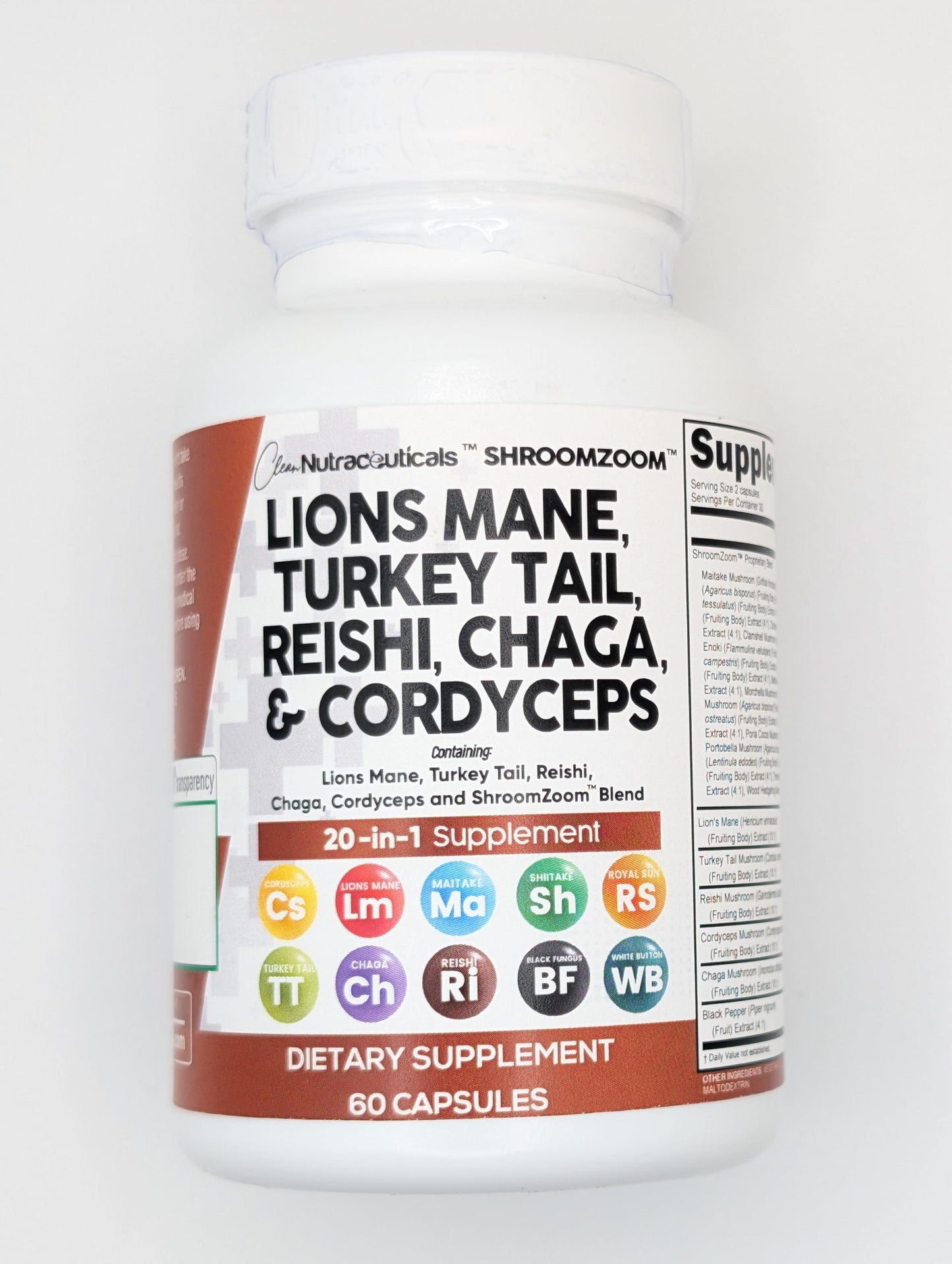 Clean Nutraceuticals Lions Mane 20in1 Mushroom Supplement with Turkey Tail Reishi Cordyceps Chaga Maitake Meshima Poria Cocos Shiitake Oyster Porcini Enoki - 1 Pack