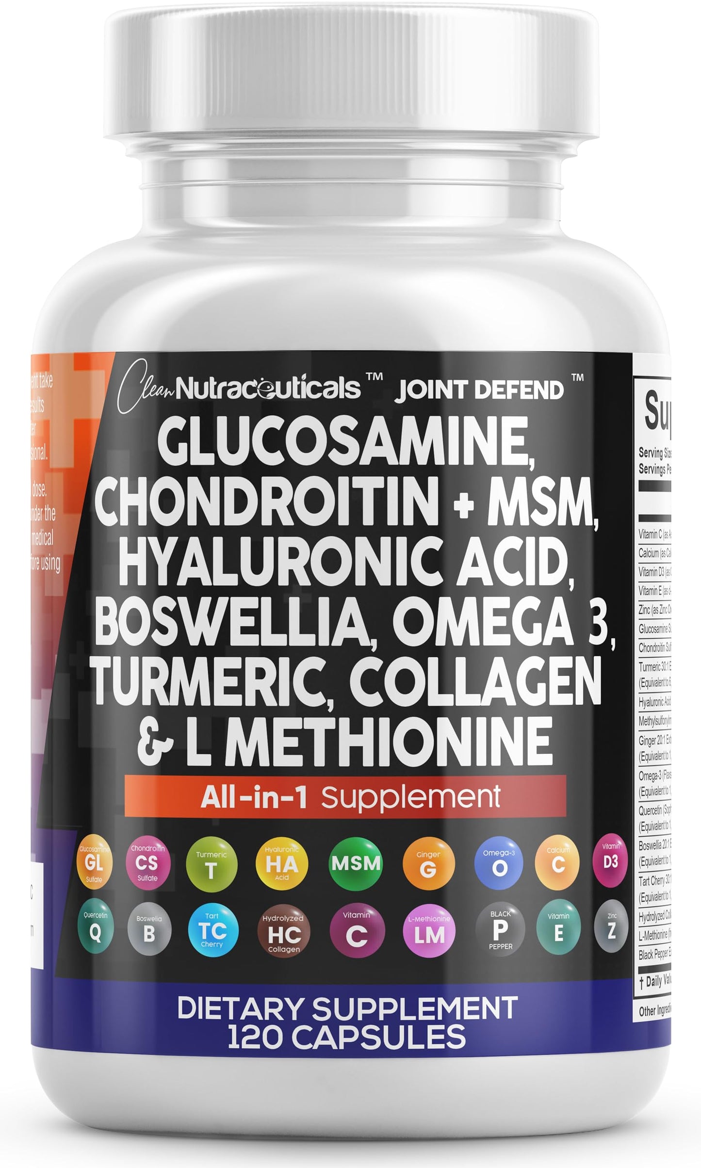 Clean Nutraceuticals Glucosamine Chondroitin MSM 1500mg with Turmeric Curcumin, Collagen, Hyaluronic Acid, Omega 3 – Joint Health Supplement for Men & Women – Joint Complex – 120 Count