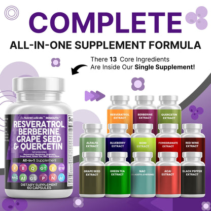 Clean Resveratrol Supplement | Berberine Grape Seed Extract Quercetin Green Tea Extract Acai Noni Polyphenol Supplement for Women & Men Anti Aging N-Acetyl Cysteine NAD Booster