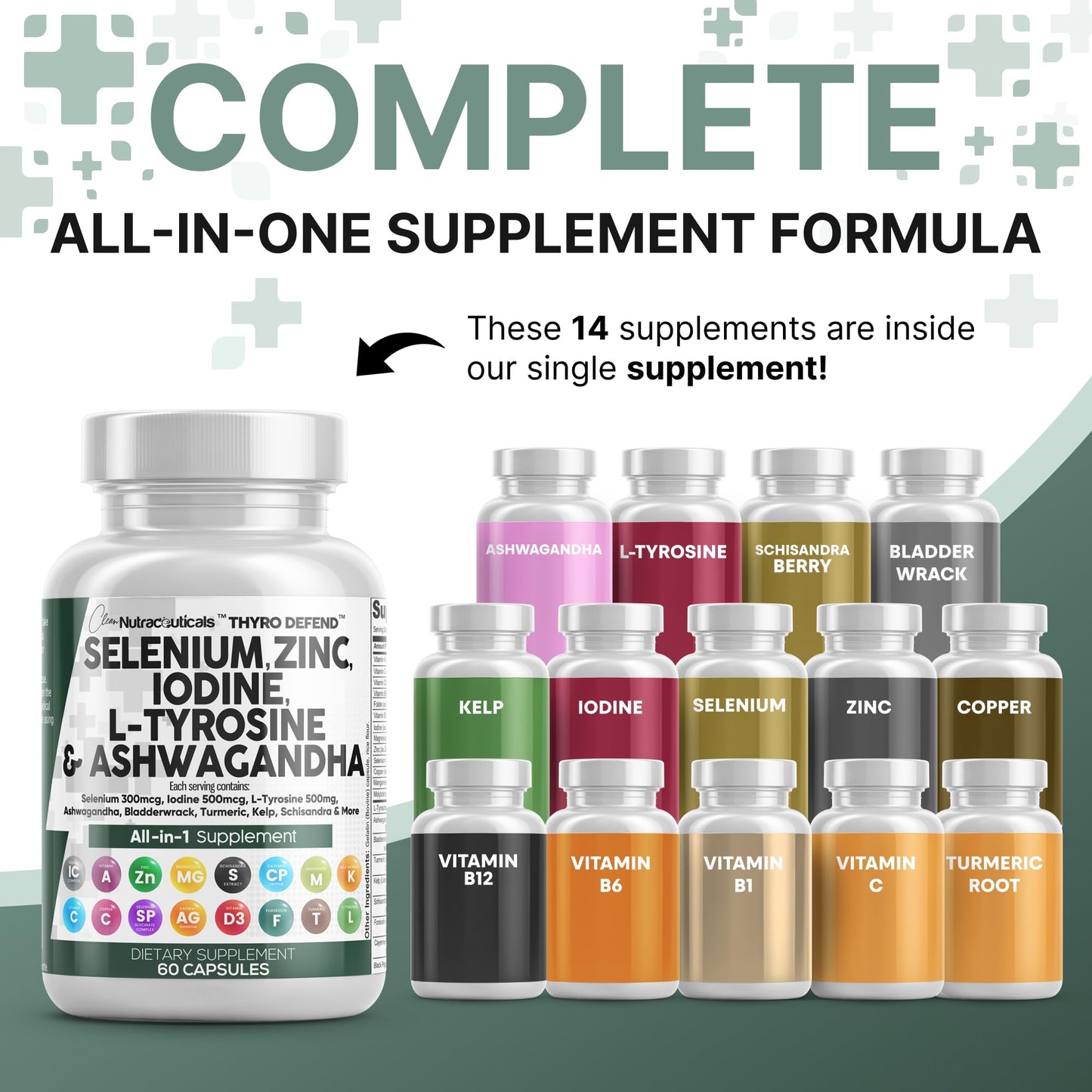 Selenium 300mcg Iodine 500mcg Thyroid Support for Women & Men | L Tyrosine 500mg Ashwagandha Supplement Bladderwrack, Turmeric, Kelp, Schisandra Zinc Pills Capsule Supplements