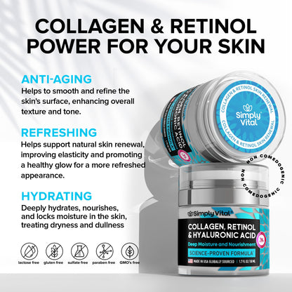Collagen, Retinol & Hyaluronic Acid Cream - Anti-Aging Face Moisturizer for Face, Firming Skin Care Neck & Décolleté - Made in USA, Daily Moisturizer Face Cream Day & Night - 1.7 fl.oz.