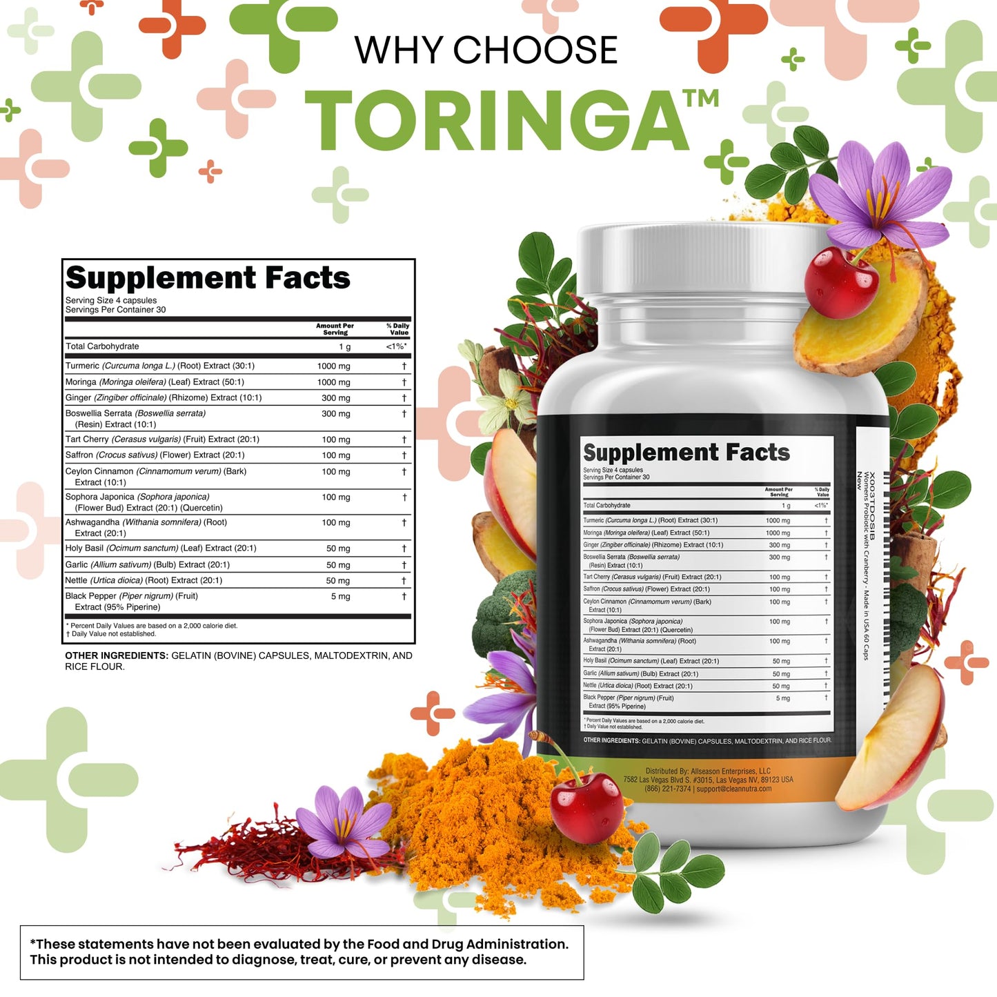 Turmeric Moringa Supplement | Ginger Boswellia Saffron - Supplement for Women and Men with Ceylon Cinnamon, Tart Cherry, Quercetin Garlic Nettle Holy Basil - 1Pack